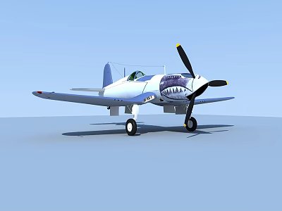White And Blue Vintage Propeller Fighter Jet With Cockpit Landing Gear Against Blue Sky 3d model