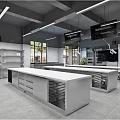 Spacious Commercial Kitchen Interior With Stainless Steel Worktables Storage Cabinets And Large Hanging Lights