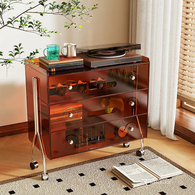 Modern Brown Glass Doors Chest of Drawers With Metal Legs And Record Player On Top 3d model 