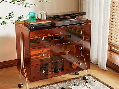 Modern Brown Glass Doors Chest of Drawers With Metal Legs And Record Player On Top 3d model