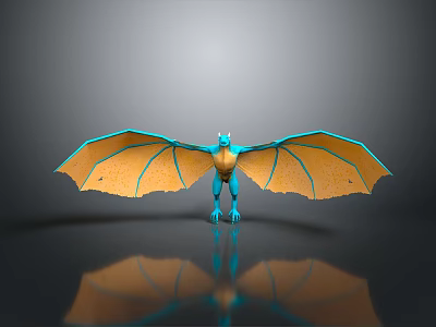 Blue And Yellow Dragon Character With Large Wings Standing On Dark Surface With Reflection 3d model