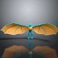 Blue And Yellow Dragon Character With Large Wings Standing On Dark Surface With Reflection