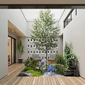 Indoor Garden Landscape With Skylight Daylight Green Plants Tree Wooden Flooring And Blue Decor Elements