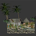 Tropical 3D Island Model With Thatched Huts Palm Trees Boat Sand And Water