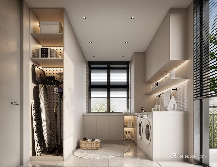 Modern Laundry Room Interior Design With Washing Machine Dryer Storage Cabinets Window Blinds 3d model 