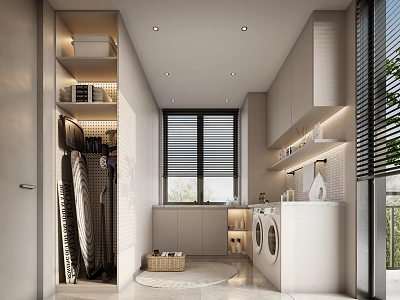 Modern Laundry Room Interior Design With Washing Machine Dryer Storage Cabinets Window Blinds 3d model