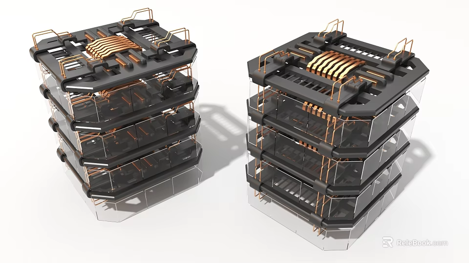 Multi Layered Black And Copper Industrial Equipment Structural Design With Frames And Coils 3d model 