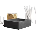 Modern Decorative Ornament Set With Ceramic Geometric Vase Black Metal Sticks And Concrete Square Base