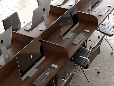 Modern Office Desk Setup With Multiple Computers Keyboards Mice And Black Chairs 3d model