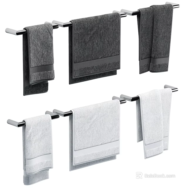 Stainless Steel Bathroom Towel Rack with Hanging Gray and White Towels 3d model 