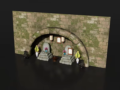 Classical Garden Landscape with arched moss covered stone wall pedestals yellow plants and lanterns 3d model