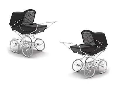 Black Vintage Baby Carriages With Silver Wheels And Metal Frame Design 3d model