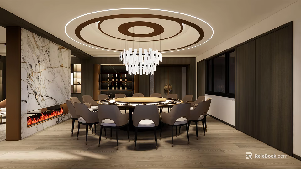 Modern Luxurious Private Dining Room With Round Table Chandelier Marble Wall And Wine Cabinet 3d model 