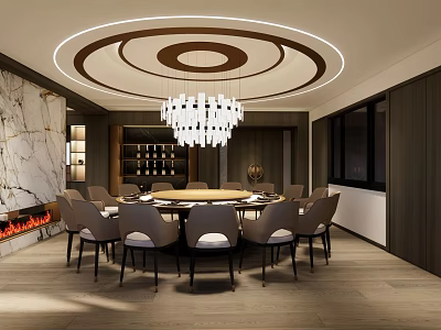Modern Luxurious Private Dining Room With Round Table Chandelier Marble Wall And Wine Cabinet 3d model