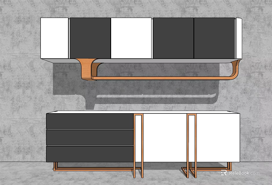 Modern Black And White TV Stand With Metal Frame And Storage Drawers 3d model 