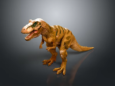 Tyrannosaurus Rex Dinosaur Model With Brown Striped Body Green Eyes Open Mouth Standing Pose 3d model