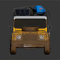 Vintage Yellow Muddy Off Road Vehicle With Roof Rack And Blue Kayaks