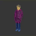 Man Wearing Purple Down Jacket And Purple Pants Standing Against Gray Background