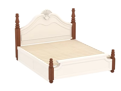 Classic White And Brown Wooden Double Bed With Carved Headboard And Posts 3d model