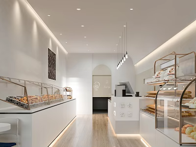 Modern Dessert Shop Interior With Glass Display Cases Pastries Wooden Flooring And Pendant Lights 3d model
