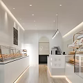 Modern Dessert Shop Interior With Glass Display Cases Pastries Wooden Flooring And Pendant Lights