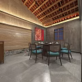 Traditional Hot Pot Restaurant Interior With Wooden Ceiling Lanterns Bamboo Screens And Green Plants