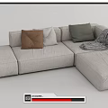Modern Beige Sectional Sofa With Multiple Pillows And Throw Blanket 3d model