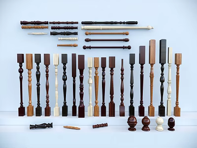 Various Wooden Metal Railings with Decorative Posts in Brown White Black 3d model