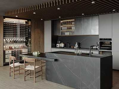 Modern Kitchen Interior With Wooden Ceiling Marble Island Wine Rack Cabinets And Chairs 3d model