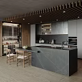 Modern Kitchen Interior With Wooden Ceiling Marble Island Wine Rack Cabinets And Chairs
