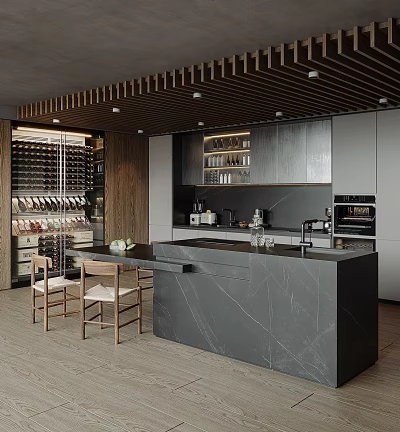 Modern Kitchen Interior With Wooden Ceiling Marble Island Wine Rack Cabinets And Chairs 3d model