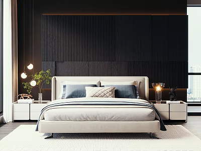 Modern Bedroom Interior With Light Colored Bed Dark Paneled Wall Nightstands Lamps And Green Plant 3d model