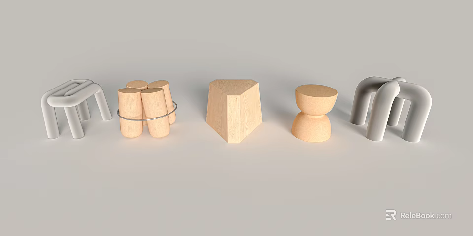 Modern Wooden Stools With Geometric Shapes Stackable Design And Various Styles 3d model