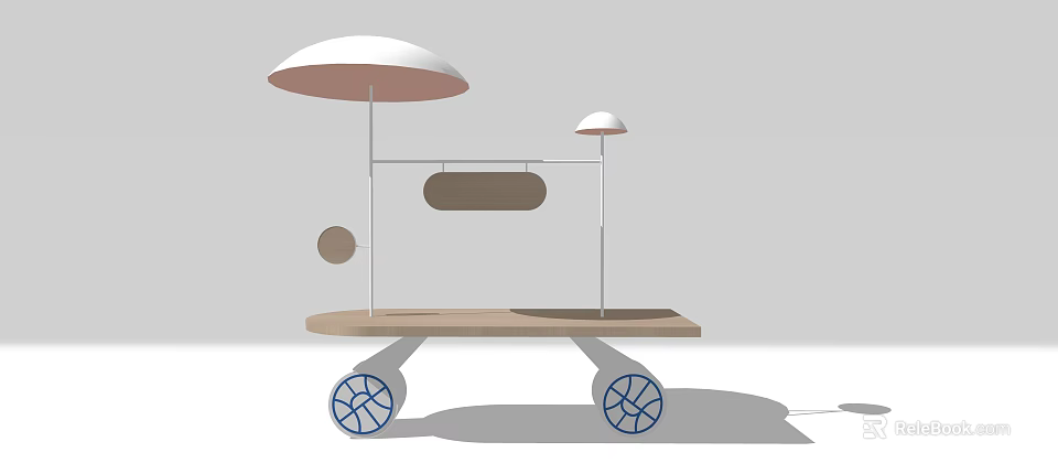 Modern Dining Table Featuring Wooden Top White Support Legs And Umbrella Like Structures With Wheels 3d model