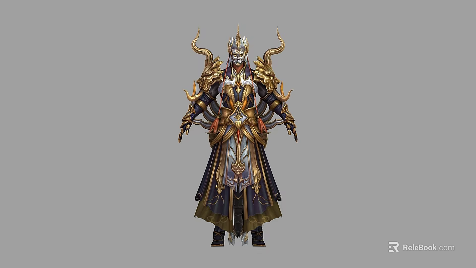 Fantasy Game Character With Ornate Golden Armor Horns And Intricate Robe Design 3d model