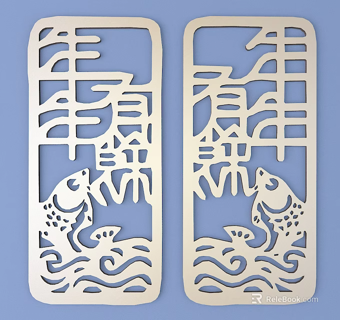 Chinese Openwork Carving Home Decor With Fish Wave Patterns Symmetric Design 3d model 