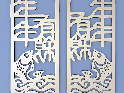 Chinese Openwork Carving Home Decor With Fish Wave Patterns Symmetric Design 3d model