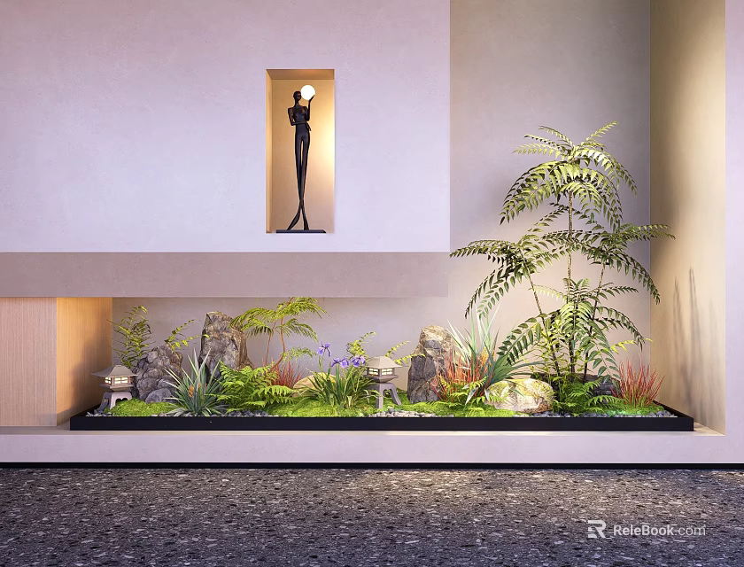 Minimalist Indoor Landscape With Lush Green Plants Decorative Rocks And Black Sculpture In Niche 3d model 