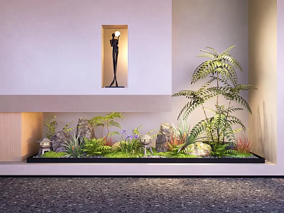 Minimalist Indoor Landscape With Lush Green Plants Decorative Rocks And Black Sculpture In Niche 3d model