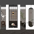 Modern Entryway Hallway Interior With Glass Partition Pendant Light And Flower Vase On Wooden Flooring