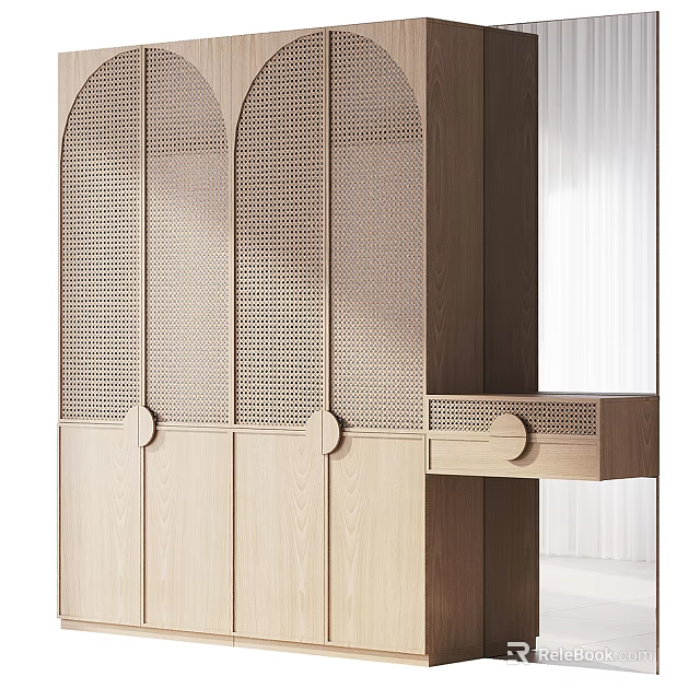 Modern Minimalist Wooden Wardrobe Design With Perforated Panels And Circular Knobs 3d model 