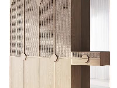 Modern Minimalist Wooden Wardrobe Design With Perforated Panels And Circular Knobs 3d model