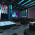 Modern Bar Interior With Stage Lighting Large Screens And Sofas 3d model