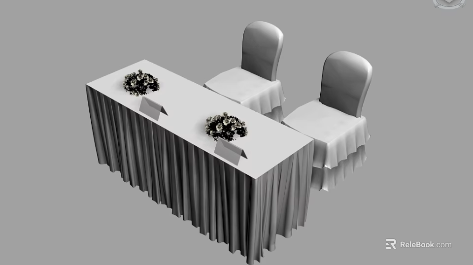 Elegant Event Table Setup With Tablecloth Chairs Flower Arrangements And Name Cards 3d model 