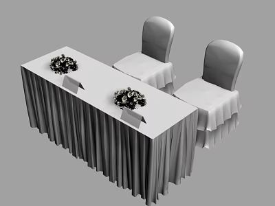 Elegant Event Table Setup With Tablecloth Chairs Flower Arrangements And Name Cards 3d model