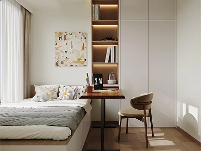 Modern Tatami Bedroom Interior With Tatami Bed Small Table Chair Decorative Artwork And Lit Shelves 3d model