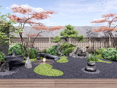 Japanese Courtyard Garden with Red Maple Trees Wooden Lattice Fence Stones and Green Grass Patches 3d model