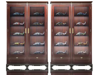 Dark Wooden Display Cabinets with Glass Doors and Shelves Holding Model Aircraft 3d model