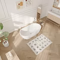 Modern Elegant Bathroom Interior With White Bathtub Wooden Floor Green Plant Decorative Artworks And Rug