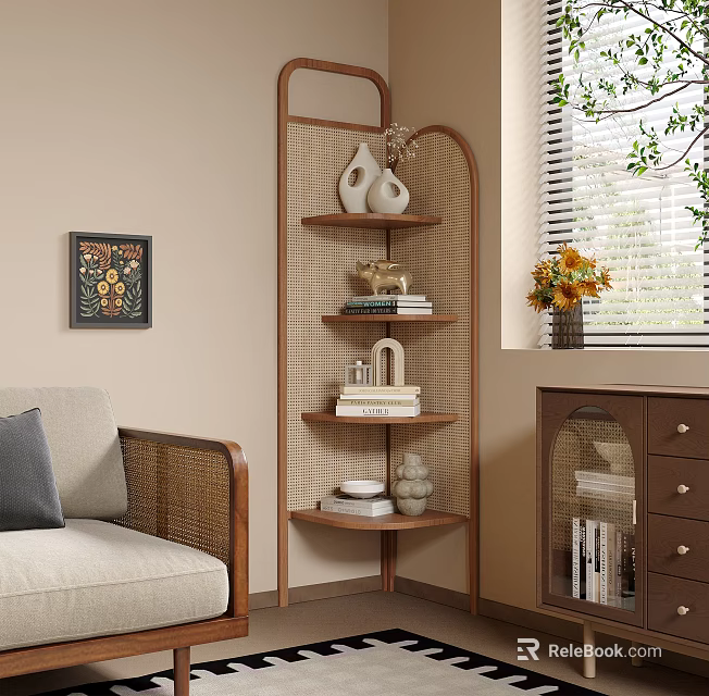Wooden Arched Shelf With Decorative Vases Books In Living Room By Sofa And Framed Painting 3d model 